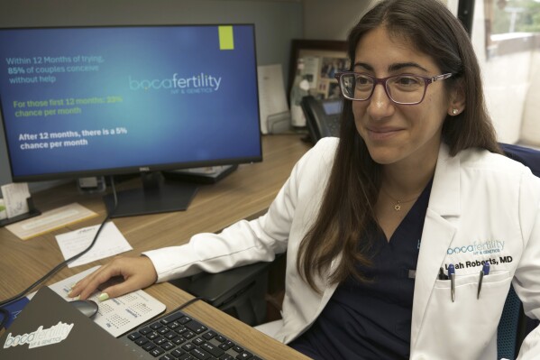 Dr. Leah Roberts, a reproductive endocrinologist-fertility specialist, discusses Florida’s six-week abortion ban, which took effect Wednesday, May 1, 2024, in her office and laboratory in Boca Raton, Fla., Tuesday, April 29. (AP Photo/Daniel Kozin)