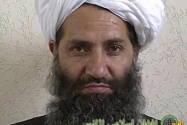 FILE - In this undated photo from an unknown location, released in 2016, the leader of the Afghanistan Taliban Mawlawi Hibatullah Akhundzada poses for a portrait. Senior Afghan leaders are in the Middle Eastern state of Qatar talking peace with the Taliban, whose leader,  Akhundzada, on Sunday, July 18, 2021, issued a statement saying the insurgent movement wants a political settlement to Afghanistan’s decades of war. (Afghan Islamic Press via AP, File)