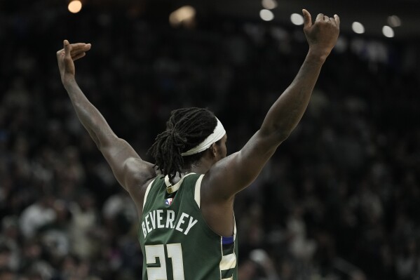 Milwaukee Bucks' Patrick Beverley reacts during the second half of Game 5 of an NBA basketball series against the Indiana Pacers Tuesday, April 30, 2024, in Milwaukee. The Bucks won 115-92. The Pacers lead the series 3-2. (AP Photo/Morry Gash)