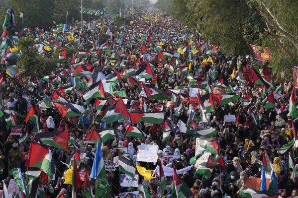 Thousands of supporters from Pakistan鈥檚 main religious political party take part in a rally against the Israeli airstrikes on Gaza to show solidarity with Palestinian people, in Lahore, Pakistan, Sunday, Nov. 19, 2023. (AP Photo/K.M. Chaudary)