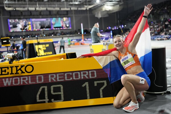 Femke Bol breaks her own 400m world record at indoor worlds