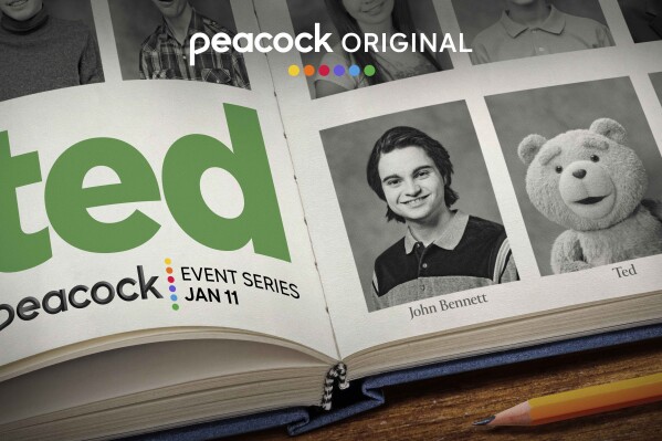 This image provided by Peacock shows promotional art for the series "TED" premiering Jan. 11 on Peacock. Seth MacFarlane revives his filthy teddy bear character with a Boston accent named Ted in a new series for Peacock. "Ted" the show, is a prequel to the films starring Mark Wahlberg with Max Burkholder ("Parenthood") as a teenage John Bennett in high school, with his best friend Ted by his side. (Peacock via AP)
