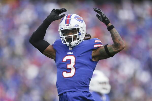 FILE - Buffalo Bills safety Damar Hamlin reacts after a play during the first half of the team's NFL football game against the Pittsburgh Steelers on Oct. 9, 2022, in Orchard Park, N.Y. Hamlin released a video on Saturday, Jan. 28, in which he’s thankful for the outpouring of support and vows to pay it back, in what are the safety’s first public comments since he went went into cardiac arrest and needed to be resuscitated on the field in Cincinnati on Jan. 2. (AP Photo/Joshua Bessex, File)