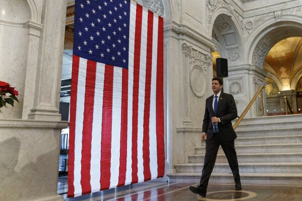 
              House Speaker Paul Ryan of Wis., arrives to give a farewell speech in the Great Hall of the Library of Congress in Washington, Wednesday, Dec. 19, 2018. Ryan is bemoaning America's "broken politics" in which he calls Washington's failure to overhaul costly federal benefit programs "our greatest unfinished business." (AP Photo/Carolyn Kaster)
            