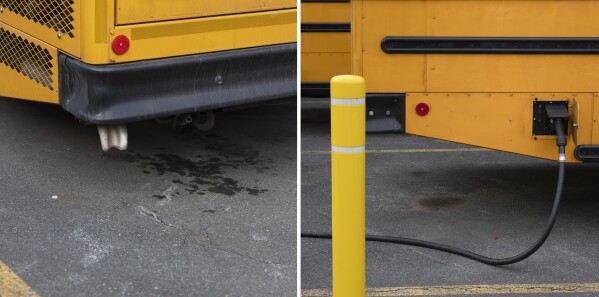 Gas is visible on the cement on the left, and an electric bus is charging on the right.  (AP Photo/Tom Brenner)