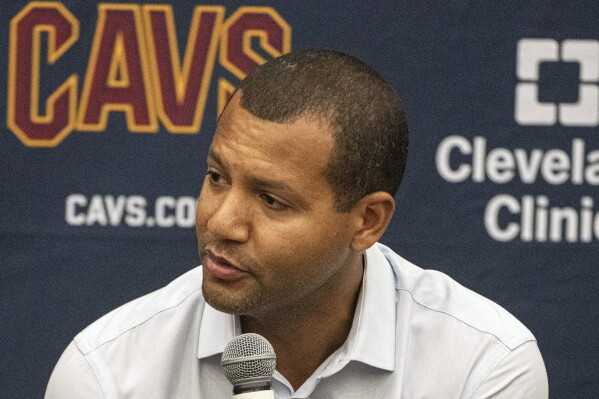 FILE - Cleveland Cavaliers general manager Koby Altman speaks during a news conference at the NBA basketball team's training facility in Independence, Ohio, Friday, July 30, 2021. In the aftermath of body-cam footage of Altman's arrest going public, the Cavaliers issued a new statement about the president of basketball operations, who was charged with driving while impaired. (AP Photo/Phil Long, File)
