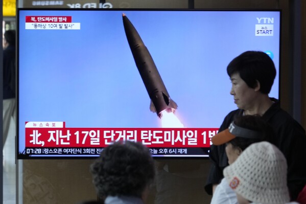 A news program broadcasts a file image of a missile launch by North Korea, at the Seoul Railway Station in Seoul, South Korea, Thursday, May 30, 2024. North Korea on Thursday fired a barrage of ballistic missiles toward its eastern sea, according to South Korea's military, days after its attempt to launch a military reconnaissance satellite ended in failure but still drew strong condemnation from its rivals. (AP Photo/Ahn Young-joon)