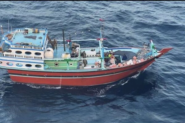 This undated photograph released by the U.S. military's Central Command shows what it is described as the vessel that carried Iranian-made missile components bound for Yemen's Houthi in the Arabian Sea. U.S. Navy SEALs seized Iranian-made missile parts and other weaponry from a ship bound for Yemen's Houthi rebels in a raid that saw two of its commandos go missing, the U.S. military said Tuesday, Jan. 16, 2024. (U.S. Central Command via AP)