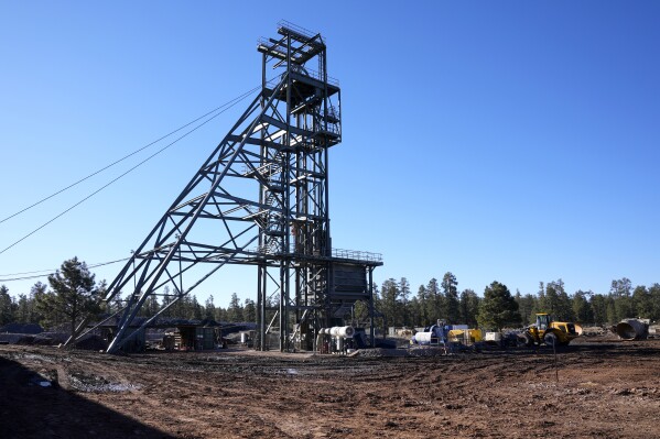 The shaft tower at the Energy Fuels Inc. uranium Pinyon Plain Mine is shown Wednesday, Jan. 31, 2024, near Tusayan, Ariz. (AP Photo/Ross D. Franklin)