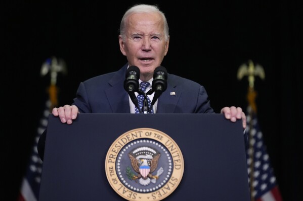 President Joe Biden speaks to the House Democratic Caucus Issues Conference at Lansdowne Resort, Thursday, Feb. 8, 2024 In Leesburg, Va. (AP Photo/Andrew Harnik)