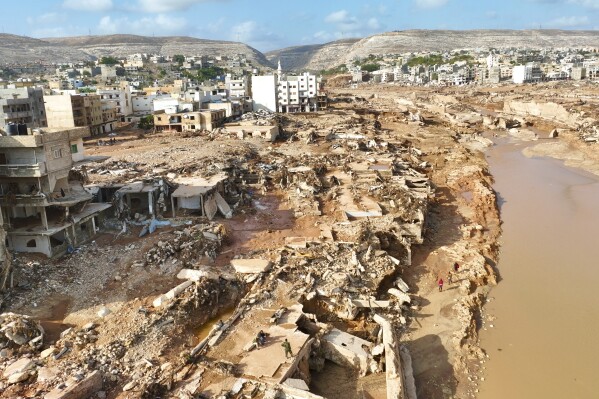 FILE - A general view of the city of Derna is seen on Sept. 12., 2023. For years, experts warned that floods pose significant danger to dams protecting nearly 90,000 people in northeast of Libya, repeatedly calling for immediate maintenance to the two structures outside the city of Derna. But successive governments in the divided and chaos-stricken North African nation did not heed their advice. (AP Photo/Jamal Alkomaty, File)
