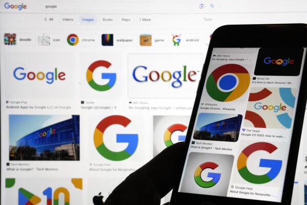 FILE - Google logos are shown when searched on Google in New York, Sept. 11, 2023. Google said Thursday, Feb. 22, 2024, it鈥檚 temporarily stopping its Gemini artificial intelligence chatbot from generating images of people a day after apologizing for 鈥渋naccuracies鈥� in historical depictions that it was creating.(APPhoto/Richard Drew, File)