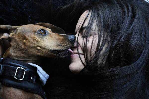 Magalí Maisonnave poses for a photo with her six-year-old dachshund Sandro, in Buenos Aires, Argentina, Sunday, April 6, 2025. (AP Photo/Natacha Pisarenko)
