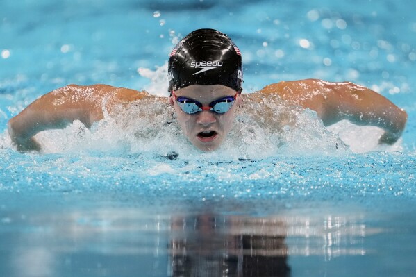 Alex Shackell, of the United States, competes in the women's 200-meter butterfly semifinal at the 2024 Summer Olympics, July 31, 2024, in Nanterre, France. (AP Photo/Matthias Schrader, File)