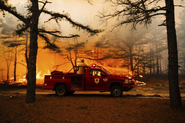 Firefighters battle a wildfire in Ocean County, N.J. on Thursday, April 24, 2025. (New Jersey Department of Environmental Protection via AP)