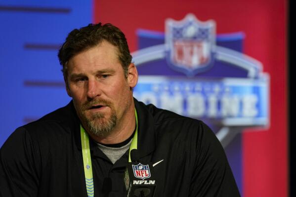 Detroit Lions head coach Dan Campbell speaks during a press conference at the NFL football scouting combine in Indianapolis, Tuesday, March 1, 2022. (AP Photo/Michael Conroy)