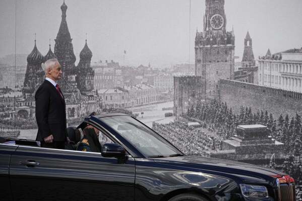 Russian Defense Minister Andrei Belousov is driven along Red Square in an Aurus car during the Victory Day military parade in Moscow, Russia, Friday, May 9, 2025, in celebrations of the 80th anniversary of the Soviet Union's victory over Nazi Germany during the World War II. (AP Photo/Alexander Zemlianichenko)