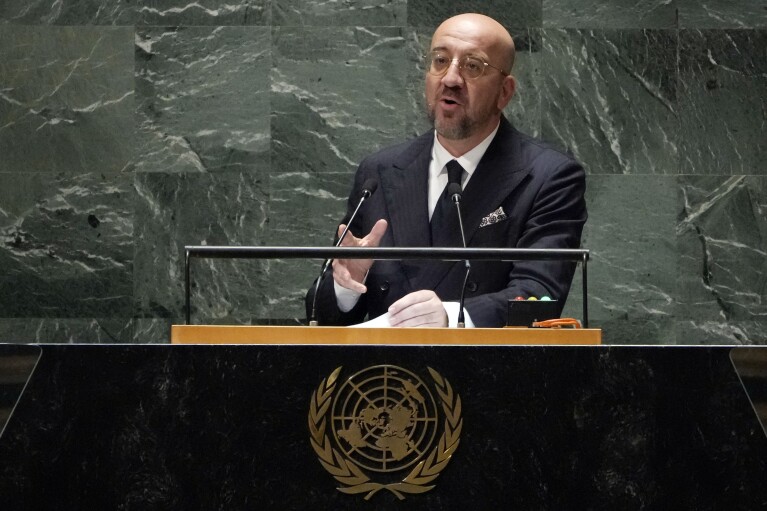 Charles Michel, President of the European Council, addresses the 78th session of the United Nations General Assembly, Thursday, Sept. 21, 2023. (AP Photo/Richard Drew)