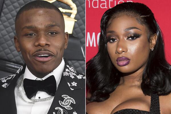 DaBaby arrives at the 62nd annual Grammy Awards in Los Angeles on Jan. 26, 2020, left, and Megan Thee Stallion  appears at the 5th annual Diamond Ball benefit gala in New York on Sept. 12, 2019. The chart-topping rappers each scored seven nominations at the show airing live on June 27 from the Microsoft Theater in Los Angeles. (AP Photo)