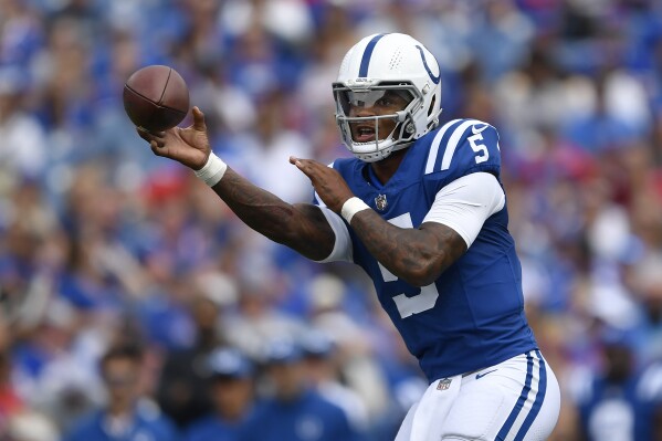 Indianapolis Colts quarterback Anthony Richardson (5) passes against the Buffalo Bills during the first half of an NFL preseason football game in Orchard Park, N.Y., Saturday, Aug. 12, 2023. (AP Photo/Adrian Kraus)