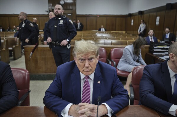 Former President Donald Trump appears at Manhattan criminal in New York, Friday, April 19, 2024. (Curtis Means/Pool Photo via AP)