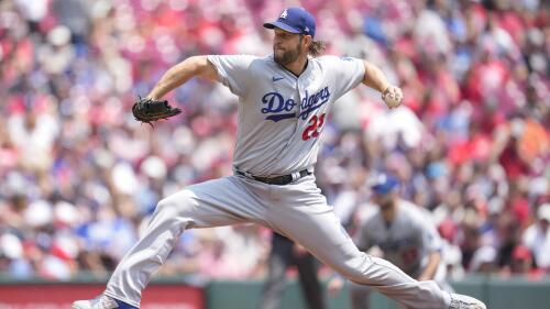 Los Angeles Dodgers starting pitcher Clayton Kershaw (22) throws in the first inning of a baseball game against the Cincinnati Reds in Cincinnati, Thursday, June 8, 2023. (AP Photo/Jeff Dean)