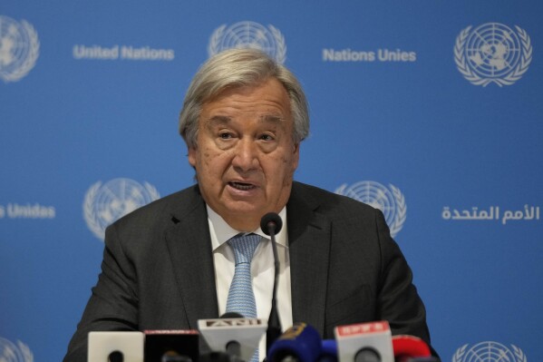 U.N. Secretary General Antonio Guterres addresses a press conference ahead of the G20 Summit in New Delhi, India, Friday, Sept., 8, 2023. (AP Photo/Channi Anand)