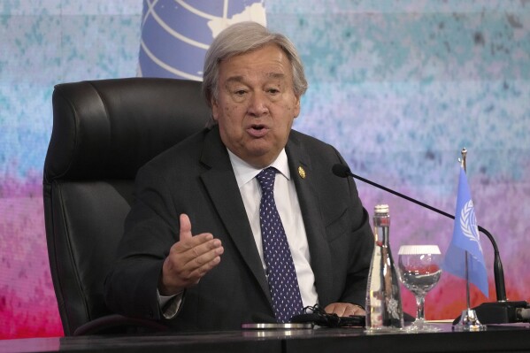 U.N. Secretary-General Antonio Guterres gestures as he speaks to the media during a press conference on the sidelines of the Association of Southeast Asian Nations (ASEAN) Summit in Jakarta, Indonesia, Thursday, Sept. 7, 2023. (AP Photo/Dita Alangkara)