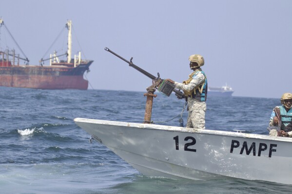 Somalia maritime police from PMPF patrol in the Gulf of Aden off the coast of semi-autonomous Puntland State in Somalia, Sunday, Nov. 26, 2023. Somalia鈥檚 maritime police force on Thursday, Nov. 30 intensified patrols in the Red Sea following a failed pirate hijacking of a ship in the Gulf of Aden earlier this week. (AP Photo/Jackson Njehia)