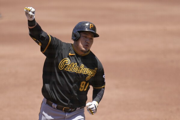 Pittsburgh Pirates' Ji Man Choi celebrates after hitting a home run during the second inning of a baseball game against the San Diego Padres, Wednesday, July 26, 2023, in San Diego. (AP Photo/Gregory Bull)