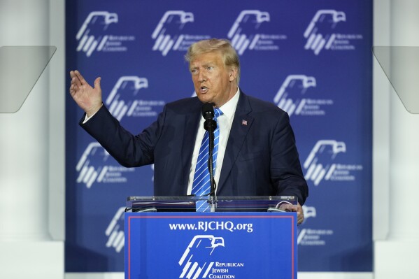 FILE - Republican presidential candidate and former President Donald Trump speaks at an annual leadership meeting of the Republican Jewish Coalition, Saturday, Oct. 28, 2023, in Las Vegas. Trump on Monday, March 18, 2024, charged that Jews who vote for Democrats “hate Israel” and hate “their religion,” igniting a firestorm of criticism from the White House and Jewish leaders.(AP Photo/John Locher, File)