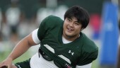 Colorado State defensive lineman Hidetora Hanada warms up during the team's NCAA college football practice on the university's campus Tuesday, Aug. 8, 2023, in Fort Collins, Colo. Hanada was a highly ranked sumo wrestler in Japan. He decided he wanted to try something different so he arrived at Colorado State where he is learning to be a defensive lineman for the Rams. (AP Photo/David Zalubowski)
