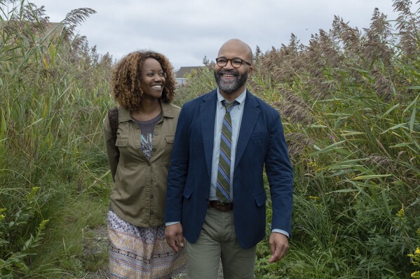 This image released by MGM shows Erika Alexander, left, and Jeffrey Wright in a scene from "American Fiction." (Claire Folger/MGM-Orion Releasing via AP)