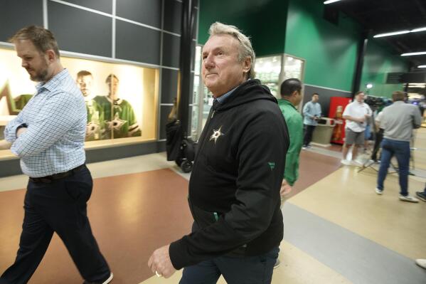Dallas Stars NHL team head coach Rick Bowness walks after speaking to reporters about the hockey season during a media availability at the team's headquarters in Frisco, Texas, Tuesday, May 17, 2022. (AP Photo/LM Otero)