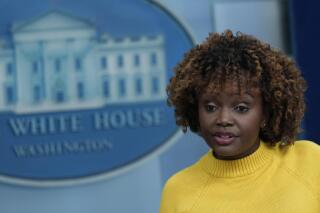 White House press secretary Karine Jean-Pierre speaks during the daily briefing at the White House in Washington, Tuesday, Feb. 14, 2023. (AP Photo/Susan Walsh)