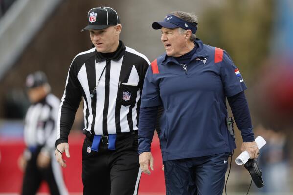 New England Patriots head coach Bill Belichick argues a call during the first half of an NFL football game against the Miami Dolphins, Sunday, Jan. 1, 2023, in Foxborough, Mass. (AP Photo/Michael Dwyer)