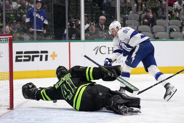 Dallas Stars goaltender Scott Wedgewood (41) dives to make a stop on a shot by Tampa Bay Lightning center Steven Stamkos (91) in the second period of an NHL hockey game, Saturday, Feb. 11, 2023, in Dallas. (AP Photo/Tony Gutierrez)