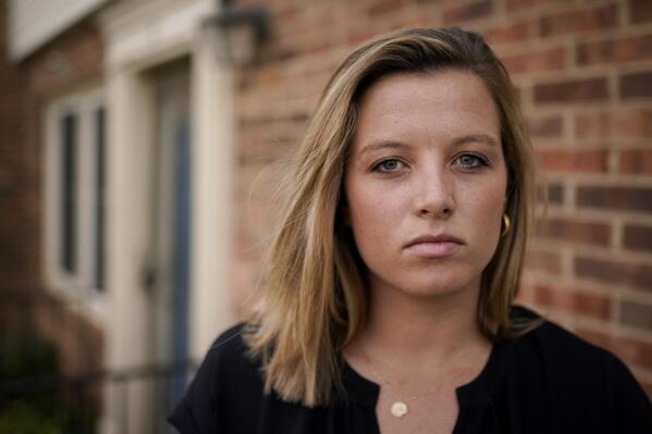 Shannon Keeler poses for a portrait in the United States on Wednesday, April 7, 2021. A series of online messages from a long-ago schoolmate has Keeler, a Gettysburg College graduate, trying again to get authorities to make an arrest in her 2013 sexual assault. (AP Photo)