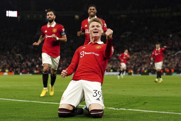 Manchester United's Scott McTominay celebrates scoring a goal during a group E Europa League soccer match between Manchester United and Omonia at Old Trafford stadium in Manchester, England, Thursday, Oct. 13, 2022. (Martin Rickett/PA via AP)