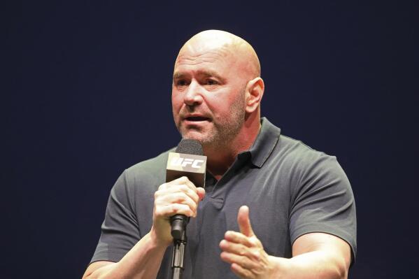 FILE - UFC President Dana White speaks at a news conference in New York, Sept. 19, 2019. A Nevada Supreme Court panel has rejected an appeal in a legal battle between White and a Las Vegas man who went to prison for trying to extort White in a sex-tape case. (AP Photo/Gregory Payan, File)