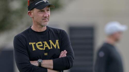 New Orleans Saints head coach Dennis Allen watches his team during the NFL football team's rookie minicamp in Metairie, La., Saturday, May 13, 2023. (AP Photo/Matthew Hinton)