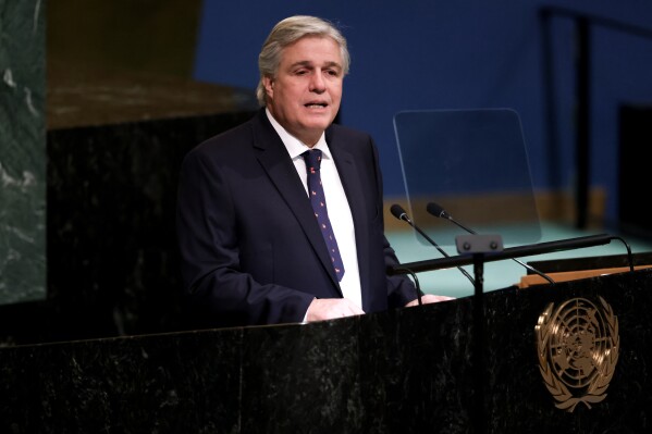 FILE - Minister for Foreign Affairs of Uruguay Francisco Bustillo addresses the 77th session of the United Nations General Assembly, Monday, Sept. 26, 2022, at the U.N. headquarters. Bustillo resigned late Wednesday, Nov. 1. 2023, shortly after audio messages were published in which he appears to ask a former official to not hand over evidence in an ongoing investigation over a passport issued to an accused drug trafficker. (AP Photo/Julia Nikhinson, File)