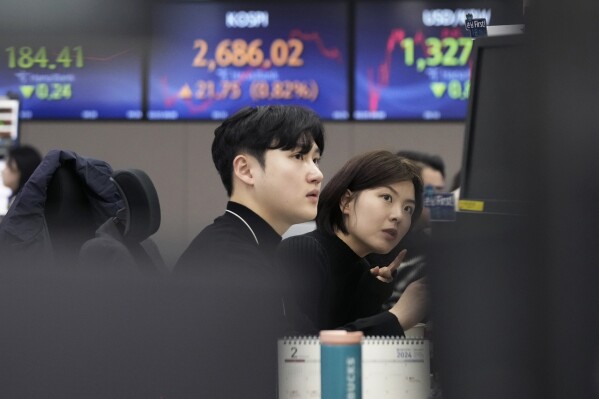Currency traders watch monitors at the foreign exchange dealing room of the KEB Hana Bank headquarters in Seoul, South Korea, Friday, Feb. 23, 2024. Asian markets mostly gained on Friday after Nvidia delivered another blowout quarter, setting off a rally in other technology companies that carried Wall Street to another record high. (AP Photo/Ahn Young-joon)