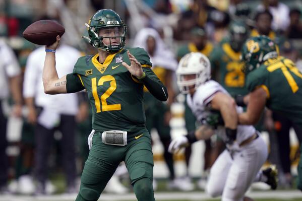 Baylor quarterback Blake Shapen (12) passes during the first half of an NCAA college football game against Texas State in Waco, Texas, Saturday, Sept. 17, 2022. (AP Photo/LM Otero)