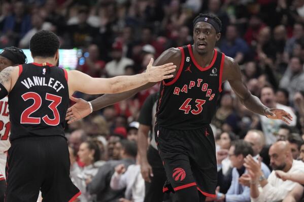 Toronto Raptors guard Fred VanVleet (23) and forward Pascal Siakam (43) react during the first half of the team's NBA basketball play-in tournament game against the Chicago Bulls on Wednesday, April 12, 2023, in Toronto. (Frank bunn/The Canadian Press via AP)