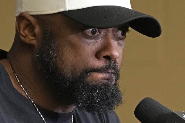 Pittsburgh Steelers coach Mike Tomlin meets with reporters following the team's 30-13 loss ton the Indianapolis Colts in an NFL football game Saturday, Dec. 16, 2023, in Indianapolis. (AP Photo/Michael Conroy)