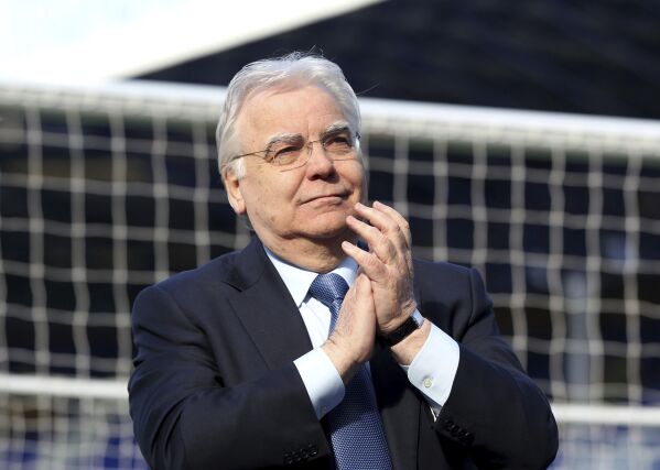 FILE - Everton Chairman Bill Kenwright in Liverpool, England, on April 15, 2014. Bill Kenwright, a British theater impresario and film producer whose 34-year association with Everton soccer club included spending nearly two decades as its chairman, has died. He was 78. Everton announced Kenwright's death on Tuesday Oct. 24, 2023. (Lynne Cameron/PA via AP, File)