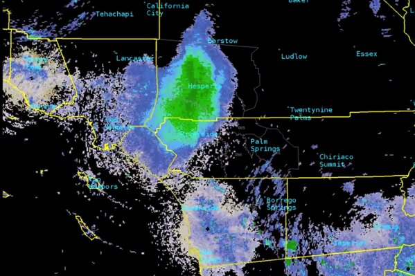 This Tuesday, June 4, 2019, image provided by National Weather Service radar shows a green mark that indicates  a massive swarm of ladybugs over Southern California including Los Angeles and Orange County, left, with San Diego and Imperial County and the Mexican border at bottom. A huge blob that appeared on the National Weather Service's radar wasn't a rain cloud, but a massive swarm of ladybugs over Southern California. Meteorologist Joe Dandrea says the array of bugs appeared to be about 80 miles (129 kilometers) wide as it flew over San Diego Tuesday, June 4, 2019. (National Weather Service via AP)