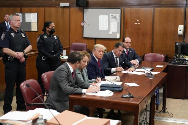 Former President Donald Trump appears in court for his arraignment, Tuesday, April 4, 2023, in New York. Trump surrendered to authorities ahead of his arraignment on criminal charges stemming from a hush money payment to a porn actor during his 2016 campaign. (AP Photo/Seth Wenig, Pool)