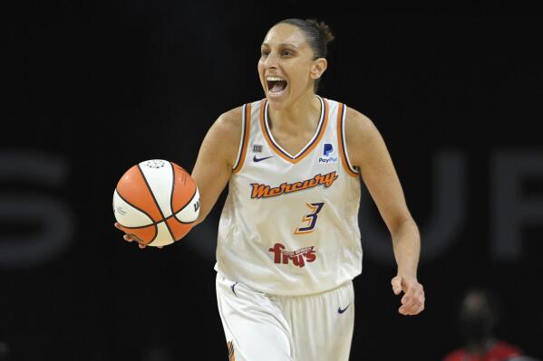 FILE - Phoenix Mercury guard Diana Taurasi (3) calls a play as she brings the ball up court against the Las Vegas Aces during the second half of Game 2 in the semifinals of the WNBA playoffs on Sept. 30, 2021, in Las Vegas. Taurasi has re-signed with the Mercury, agreeing to a multiyear contract Saturday, Feb. 18, 2023, the team announced. (AP Photo/David Becker, File)